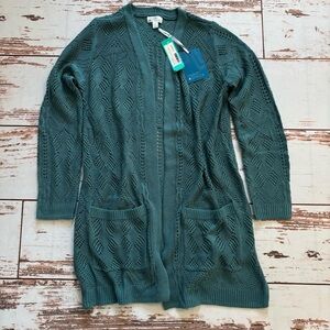 Market & Spruce Cecily Pointelle Open Duster Cardigan (Teal Green) Size Small NW